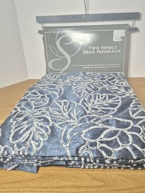 ​Embroidered Softline Blue Silver Leaf Curtain Panels 2Pc 54x96 Rod Pocket